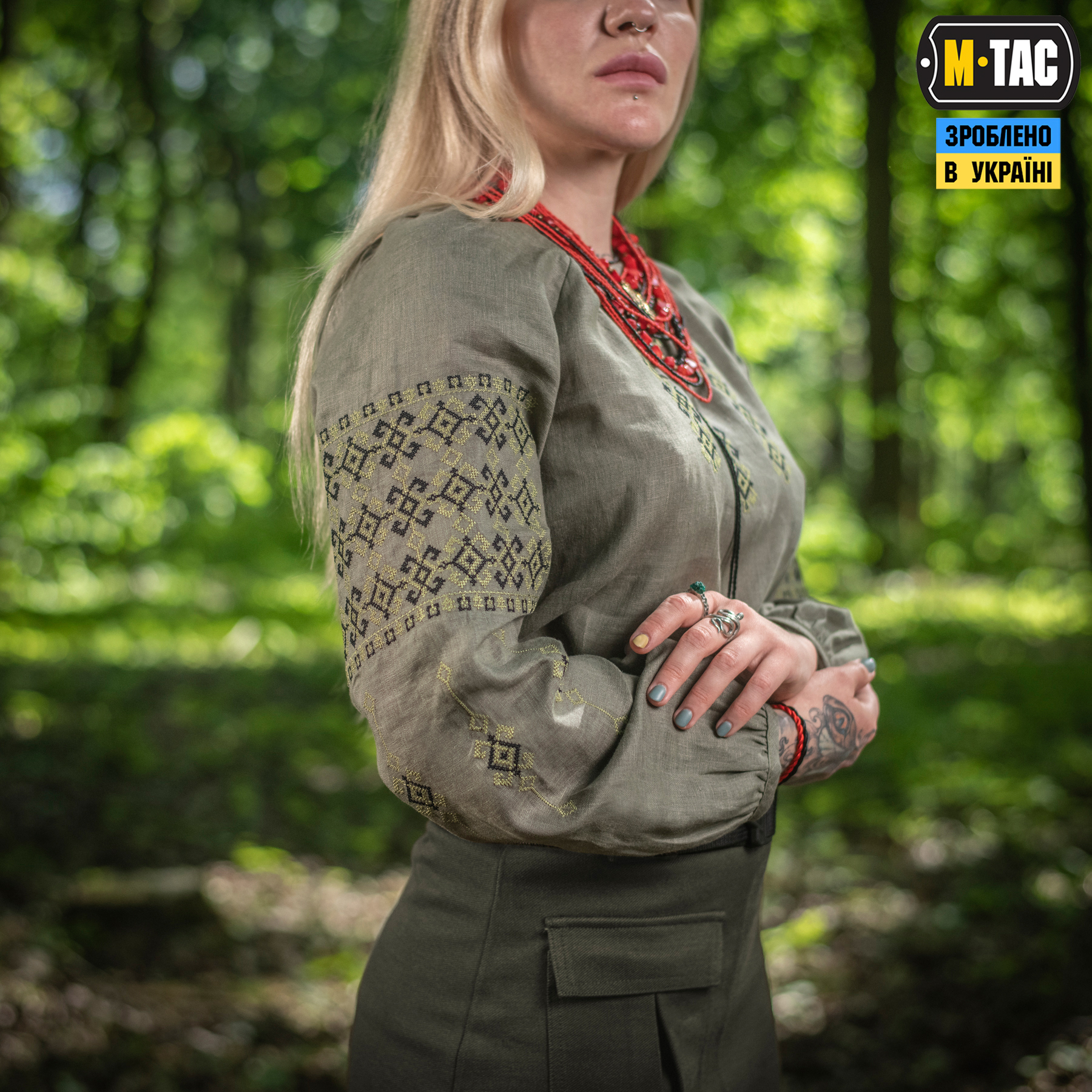 M-Tac вышиванка женская 100% лён олива — 7