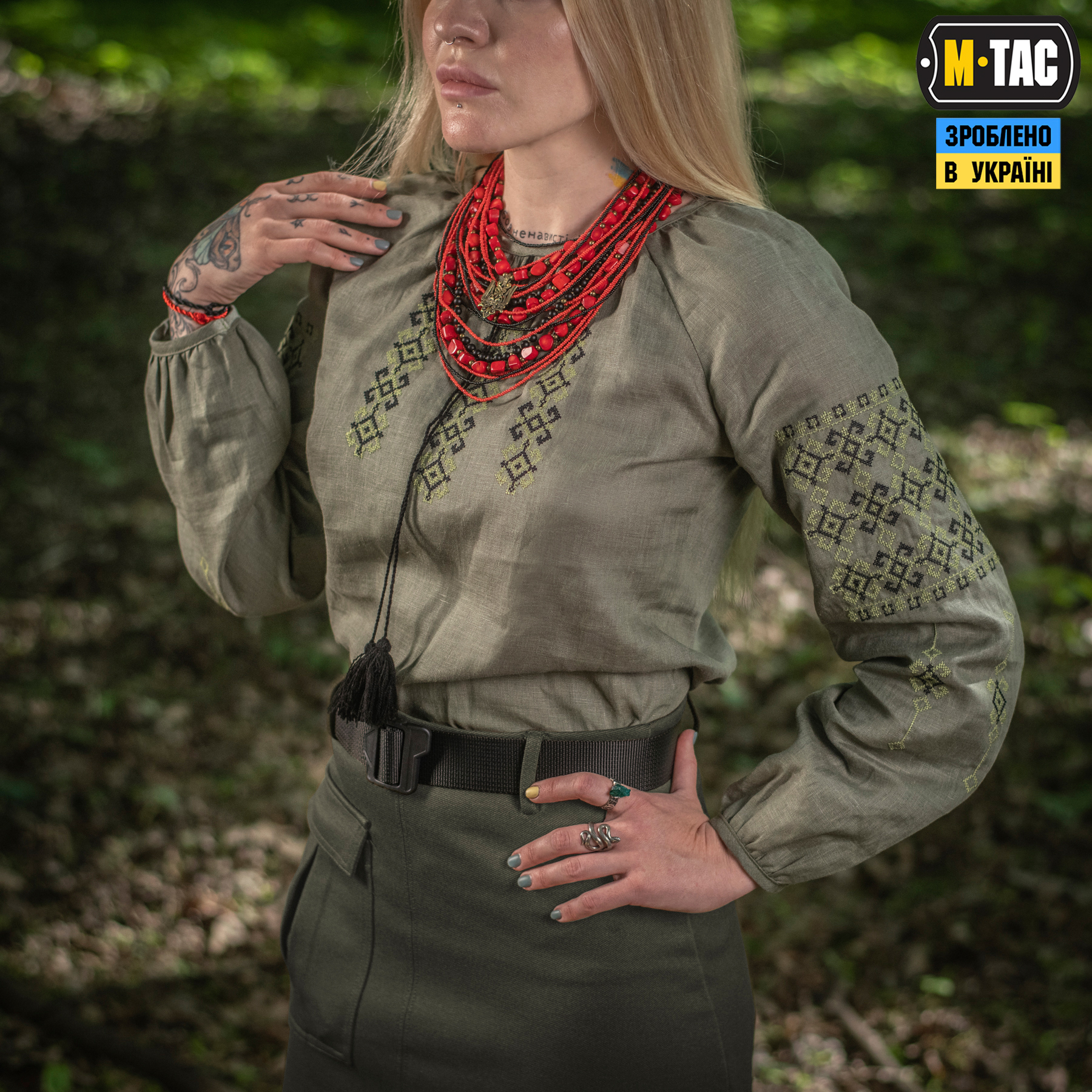 M-Tac вышиванка женская 100% лён олива — 6