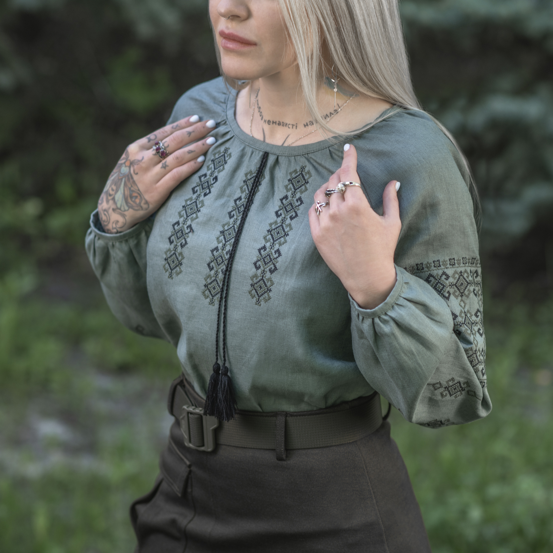 M-Tac вышиванка женская 100% лён серо-зеленая — 11
