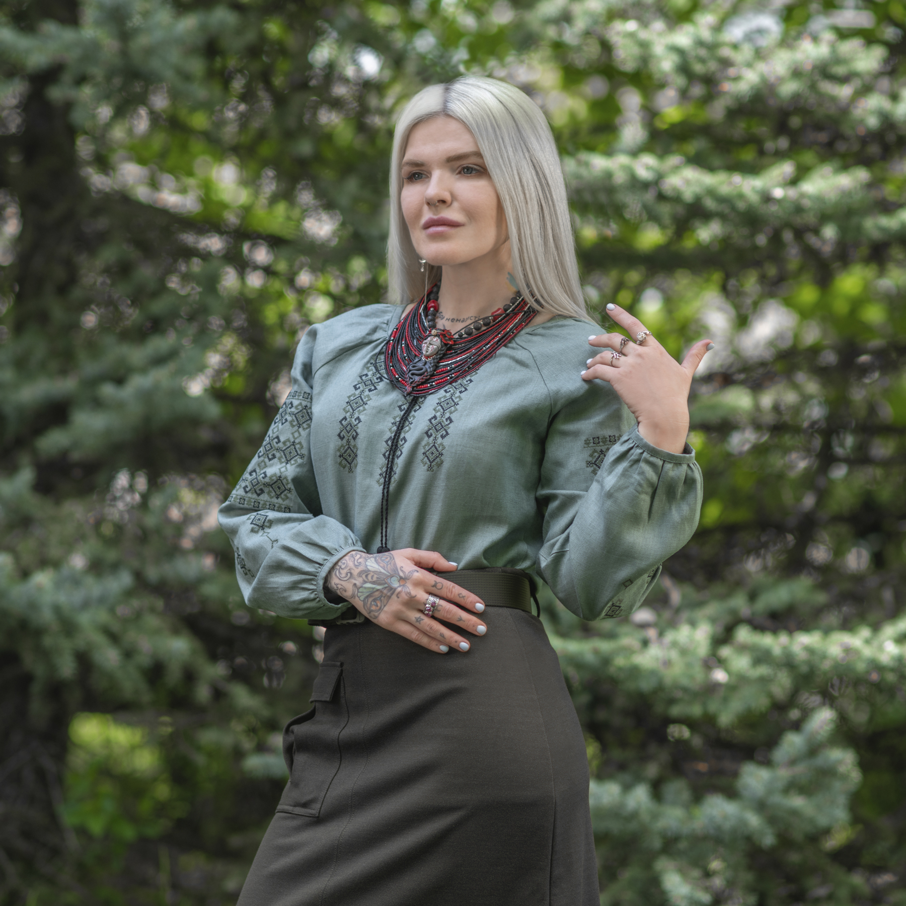M-Tac вышиванка женская 100% лён серо-зеленая — 9